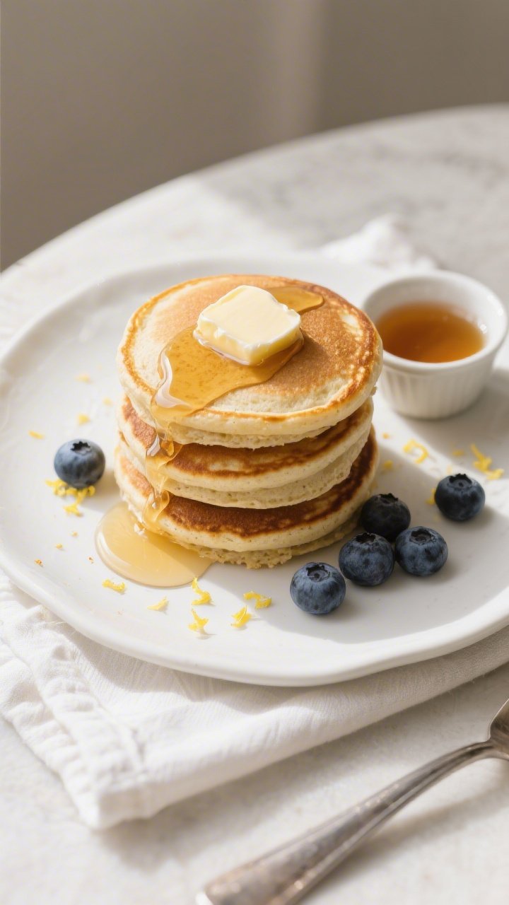 Tasty top view final dish: Overhead shot of a tall stack of 3-inch almond flour pancakes with golden