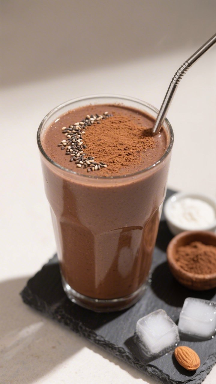 Tasty top view, final presentation: Overhead shot of the finished Low Carb Breakfast Smoothie in a w