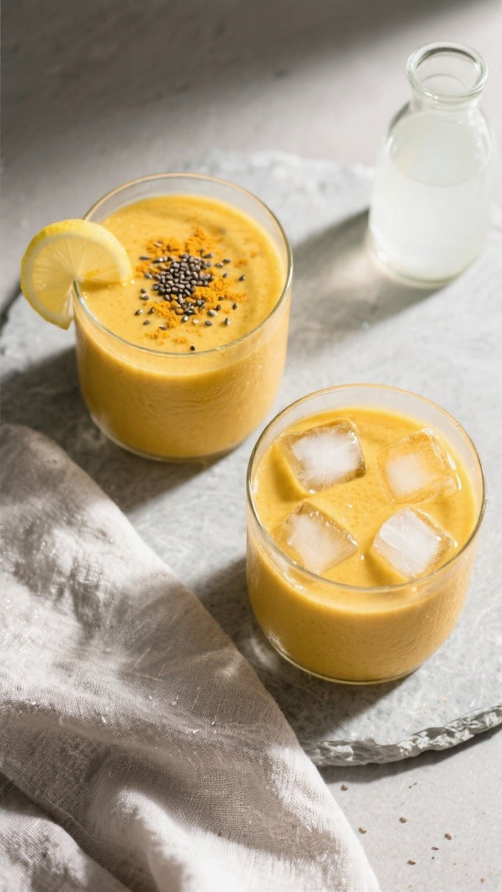 Tasty top view final presentation: Overhead shot of two glasses of Mango Turmeric Detox Smoothie on 