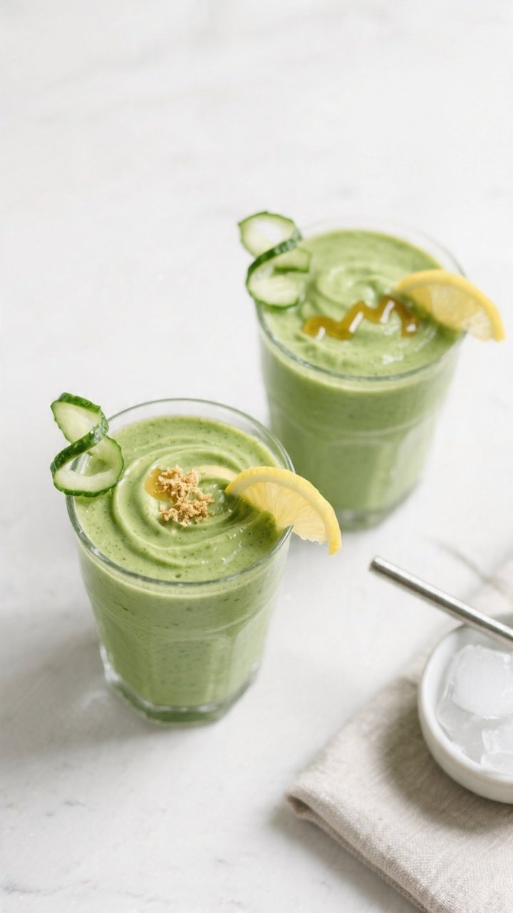 Tasty top view: Overhead shot of the final Avocado Spinach Detox Smoothie, two glasses side-by-side