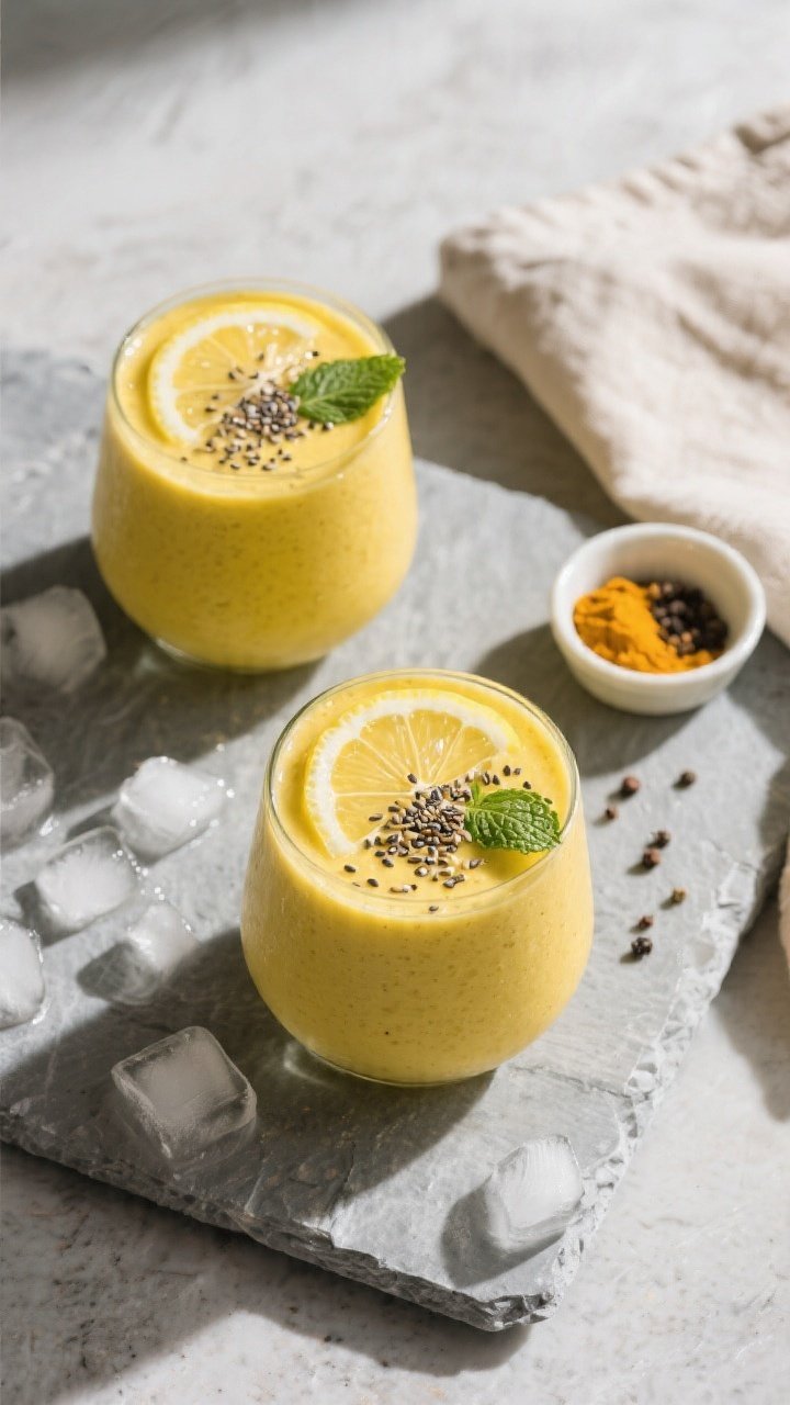 Tasty top view: Overhead shot of the final Lemon Ginger Fat Burner Smoothie served in two short, wid