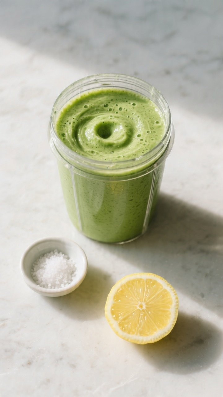Tasty top view (process stage): Overhead shot of the smoothie in a blender jar immediately after ble